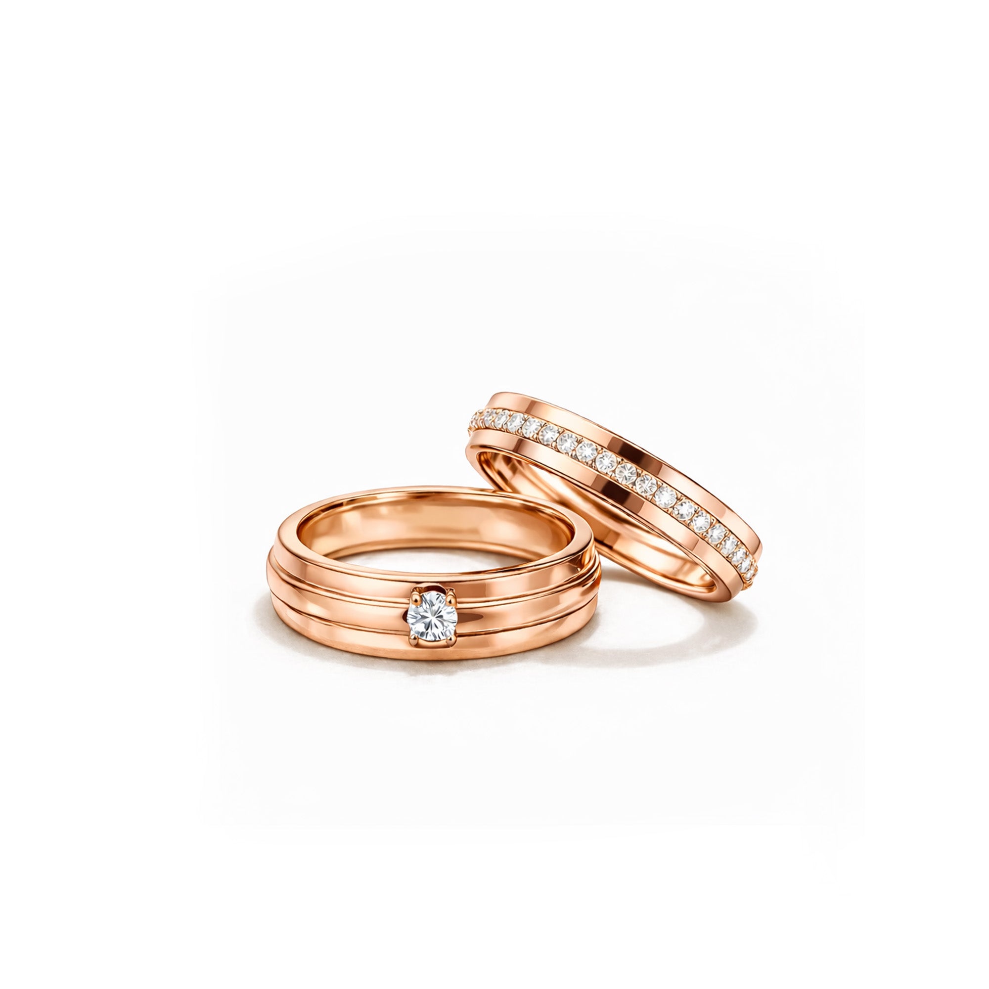 18K Gold Mixed-Metal Matching Wedding Bands ¨C Couples Set featuring White Gold 0.03ct Solitaire and Rose Gold Pave Channel-Set Diamond Bands