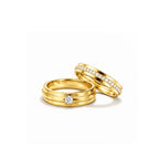 18K Gold Mixed-Metal Matching Wedding Bands ¨C Couples Set featuring White Gold 0.03ct Solitaire and Rose Gold Pave Channel-Set Diamond Bands