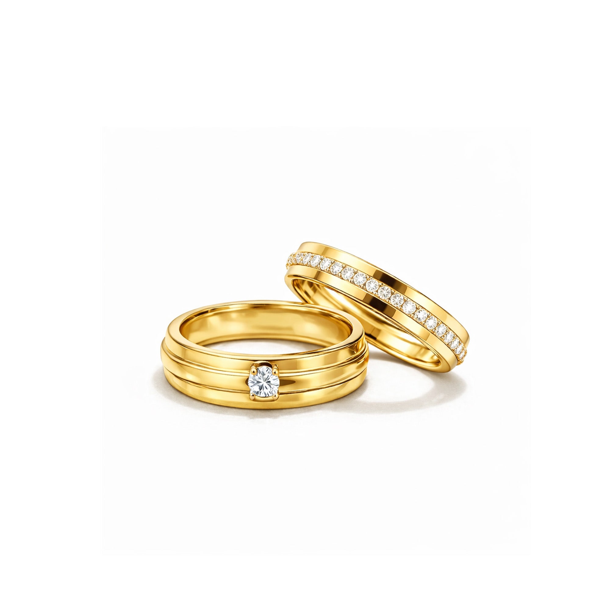 18K Gold Mixed-Metal Matching Wedding Bands ¨C Couples Set featuring White Gold 0.03ct Solitaire and Rose Gold Pave Channel-Set Diamond Bands