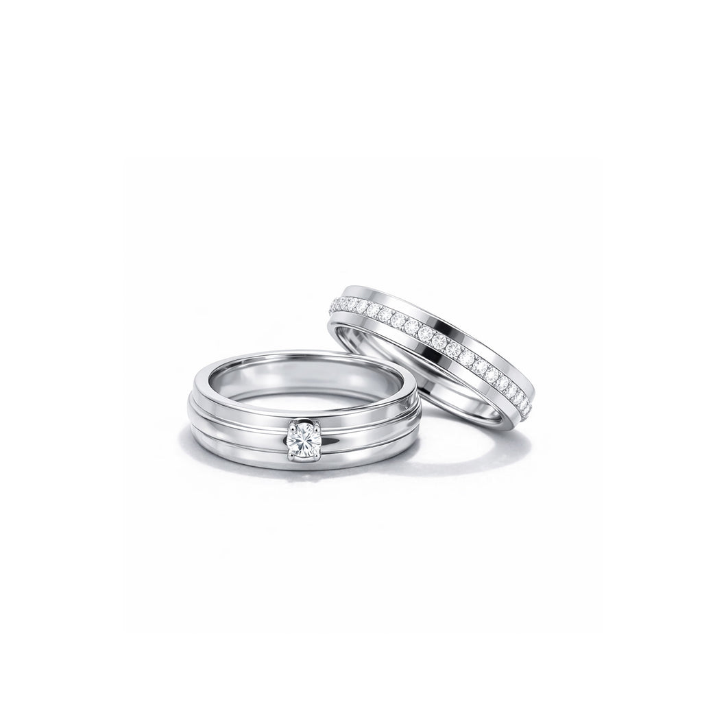 18K Gold Mixed-Metal Matching Wedding Bands ¨C Couples Set featuring White Gold 0.03ct Solitaire and Rose Gold Pave Channel-Set Diamond Bands