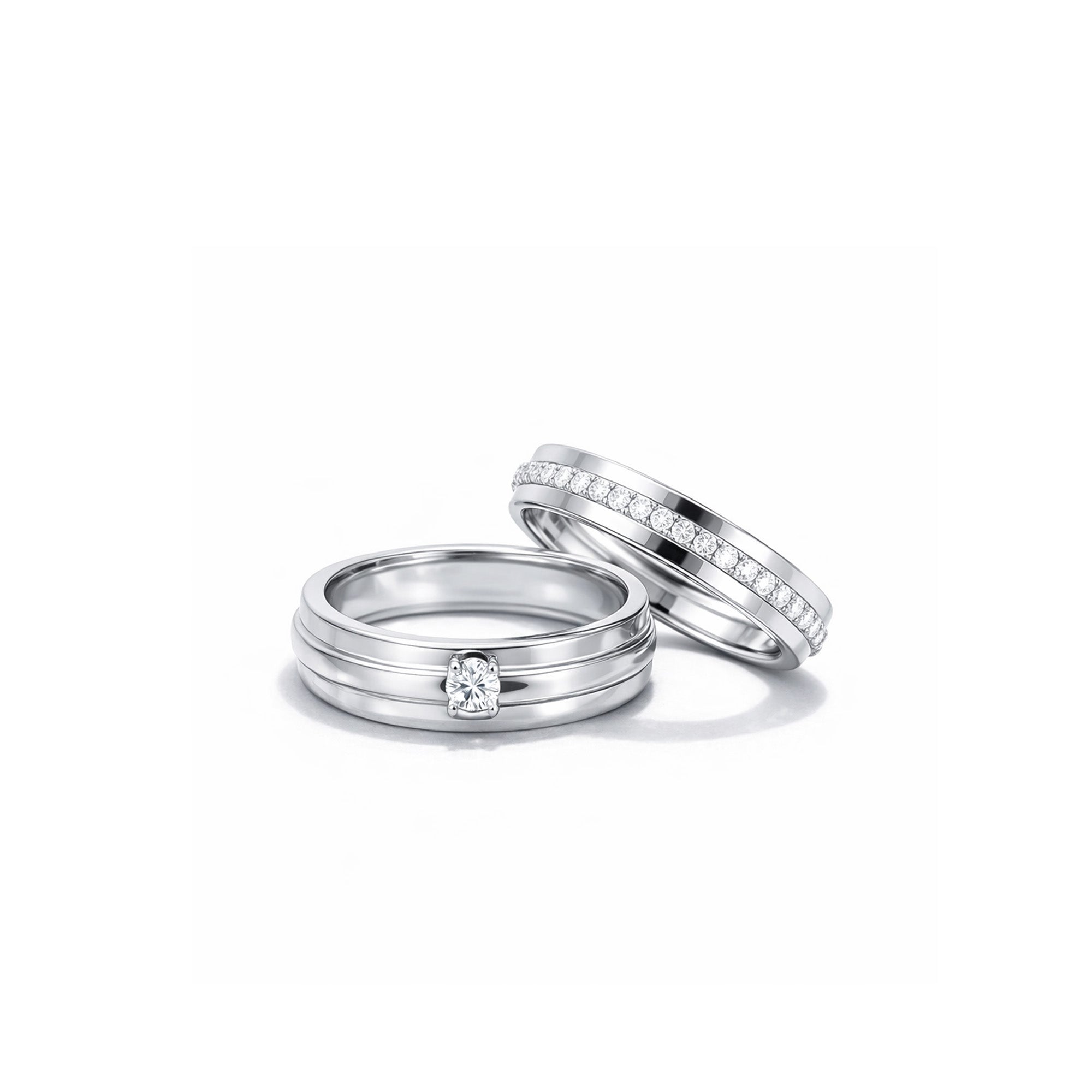 18K Gold Mixed-Metal Matching Wedding Bands ¨C Couples Set featuring White Gold 0.03ct Solitaire and Rose Gold Pave Channel-Set Diamond Bands
