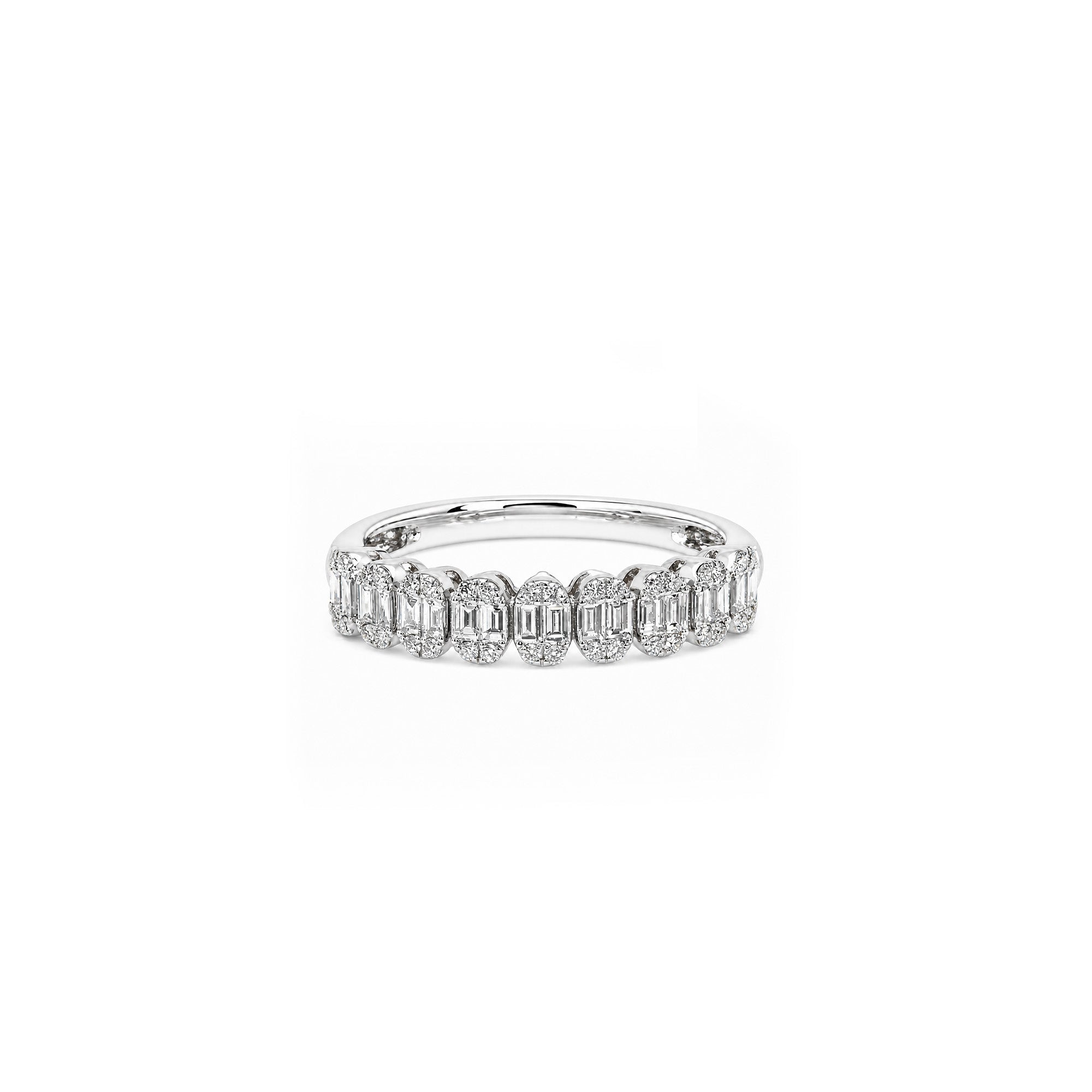 18K White Gold Diamond Cluster Anniversary Band | Emerald Cut & Round Halo Ring