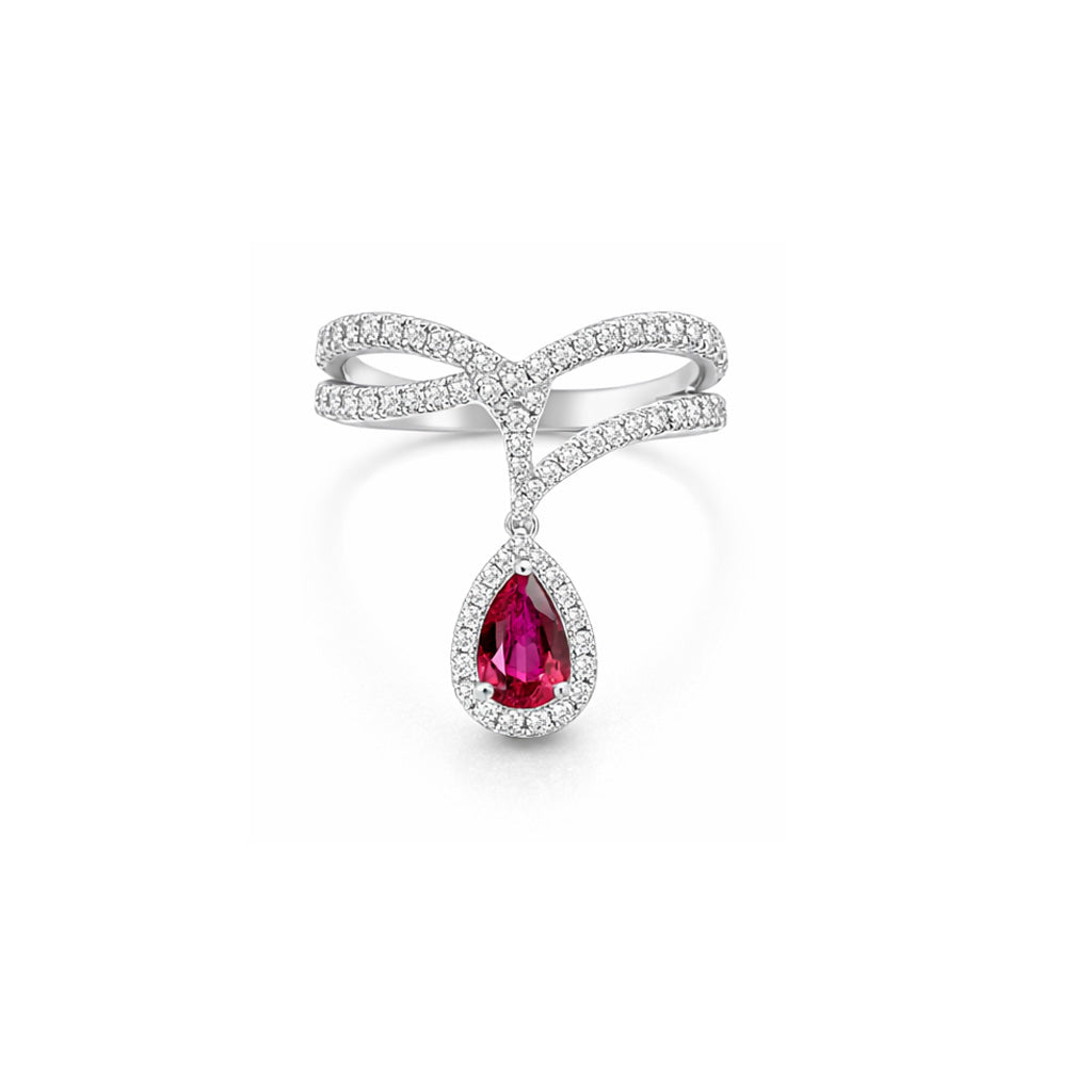 18K Ruby Teardrop Dangle Wishbone Ring