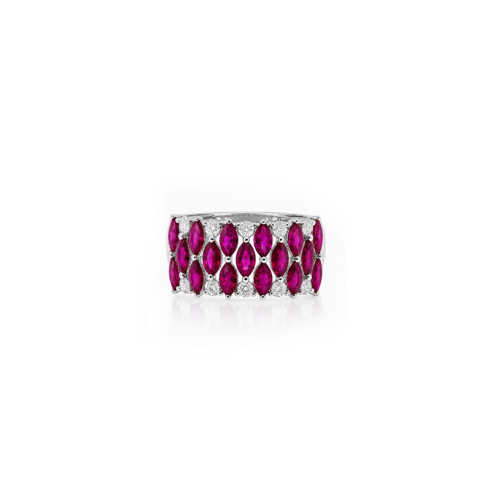 18K White Gold Marquise Ruby and Diamond Wide Band Statement Ring