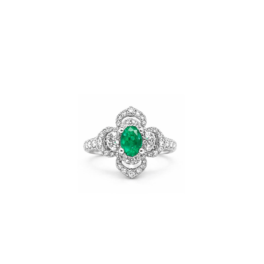18K Emerald Floral Diamond Ring