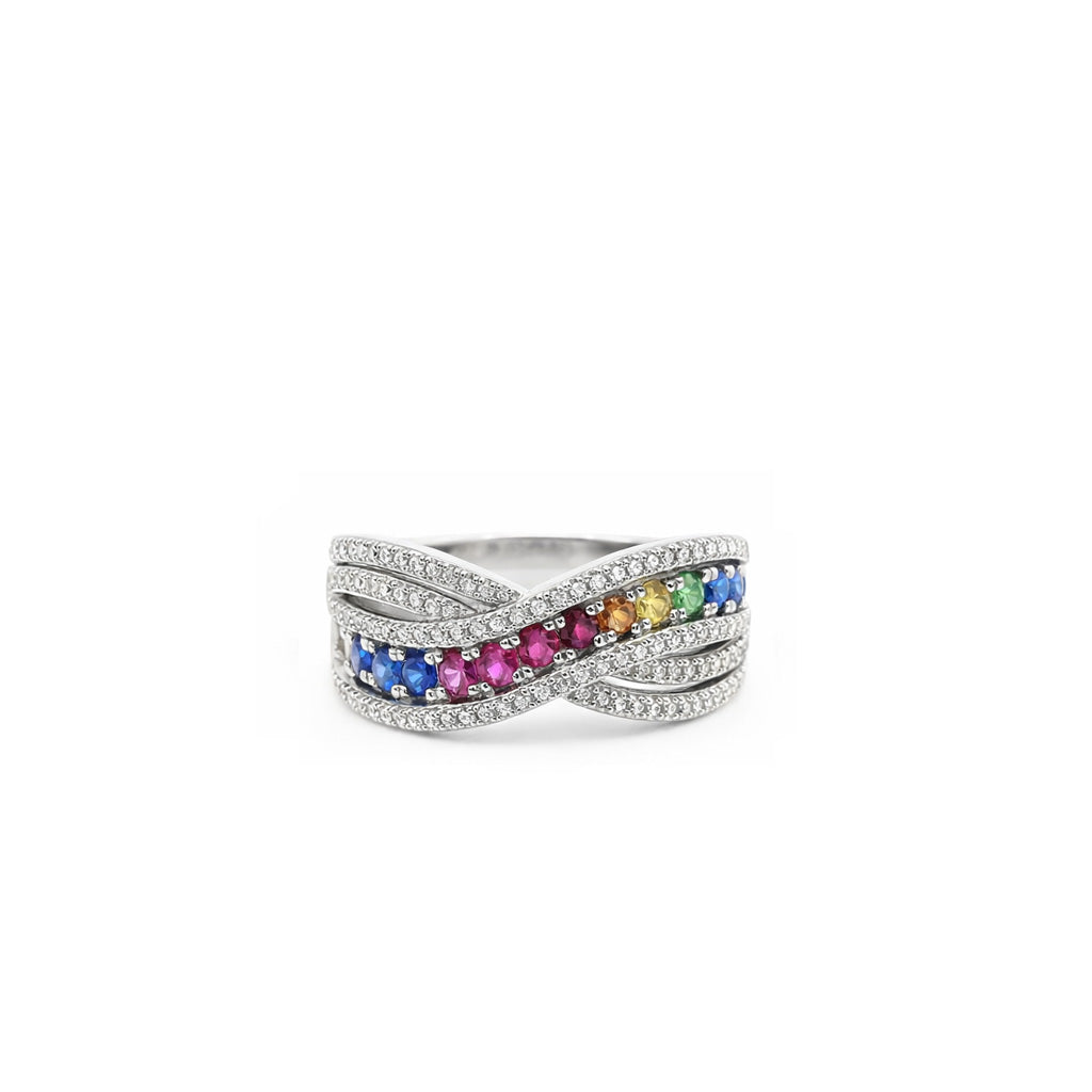 18K Rainbow Crossover Pave Ring