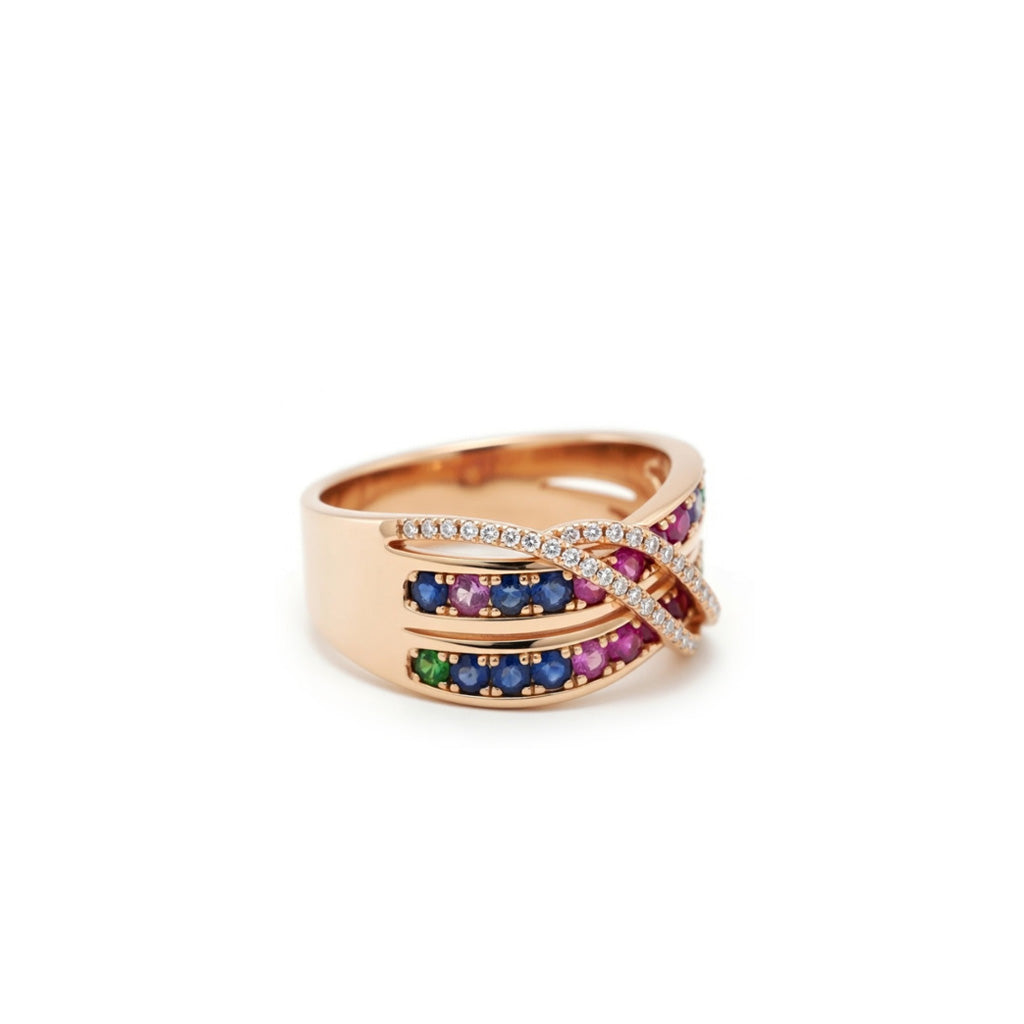 18K Double Rainbow Rows Crossover Ring
