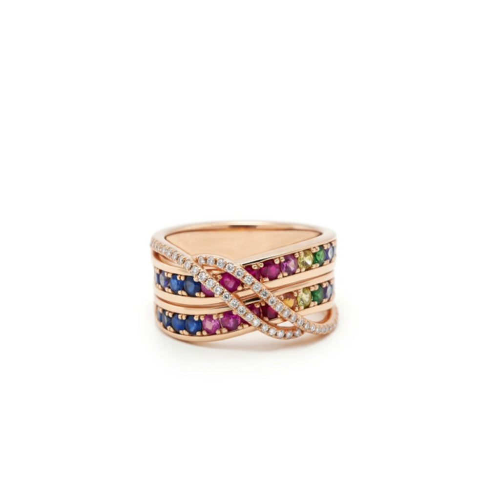 18K Double Rainbow Rows Crossover Ring