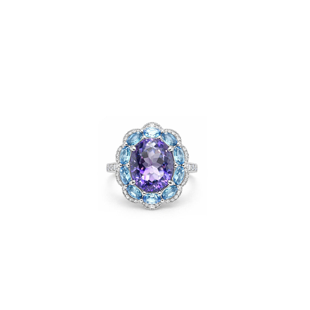 18K Amethyst & Blue Topaz Halo Diamond Ring