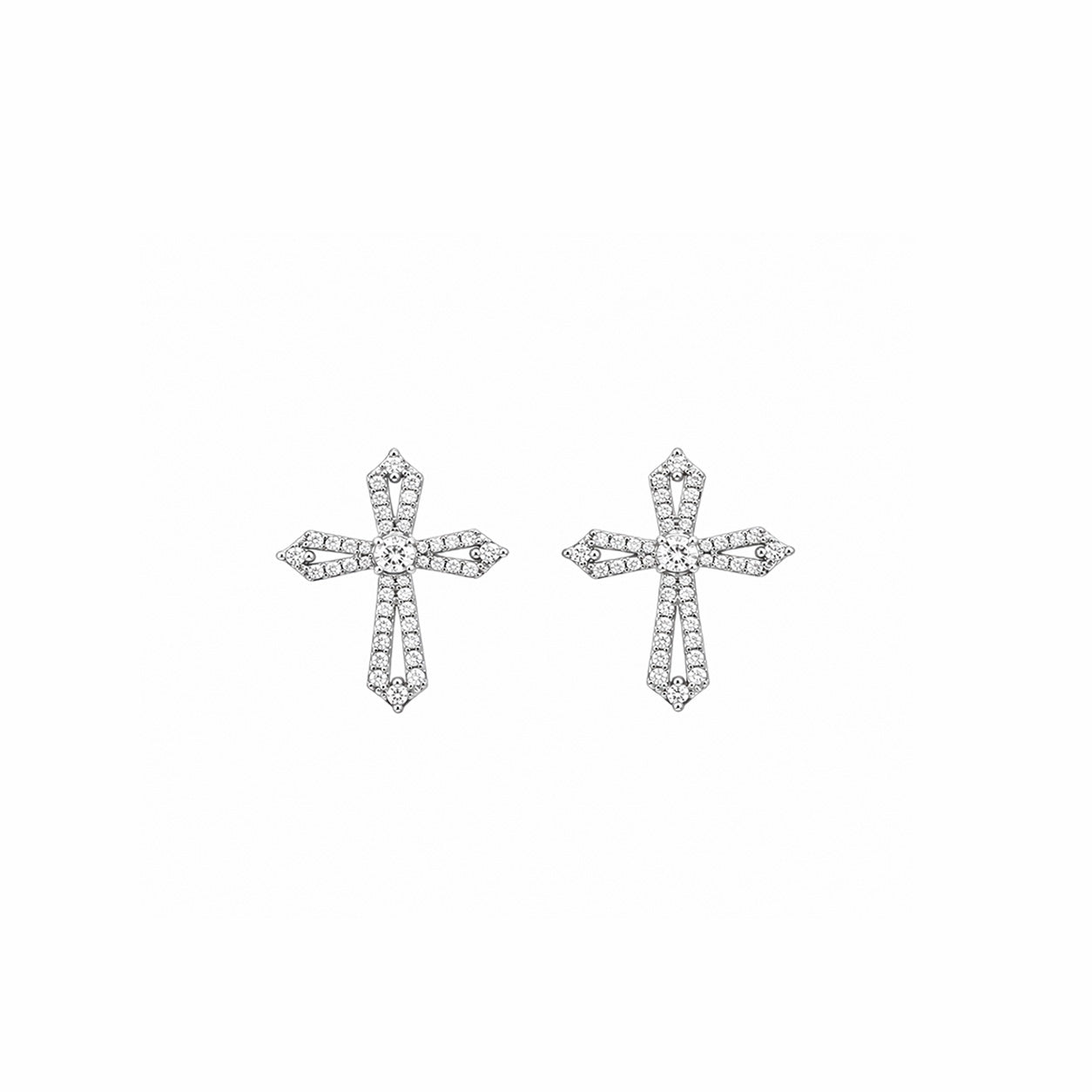 18K Ornate Pave Cross Diamond Stud Earrings