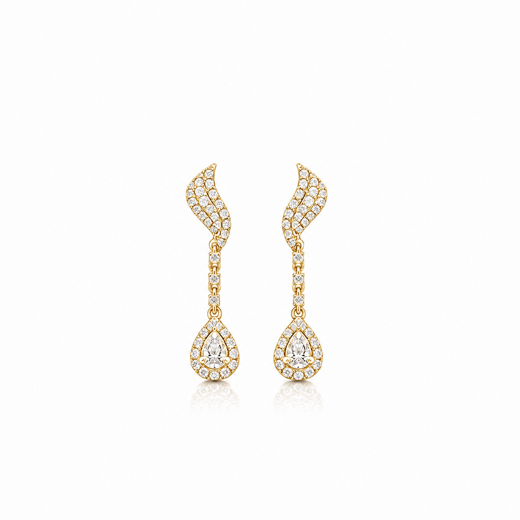 18K Feather Wing Pear Cut Diamond Dangle Earrings