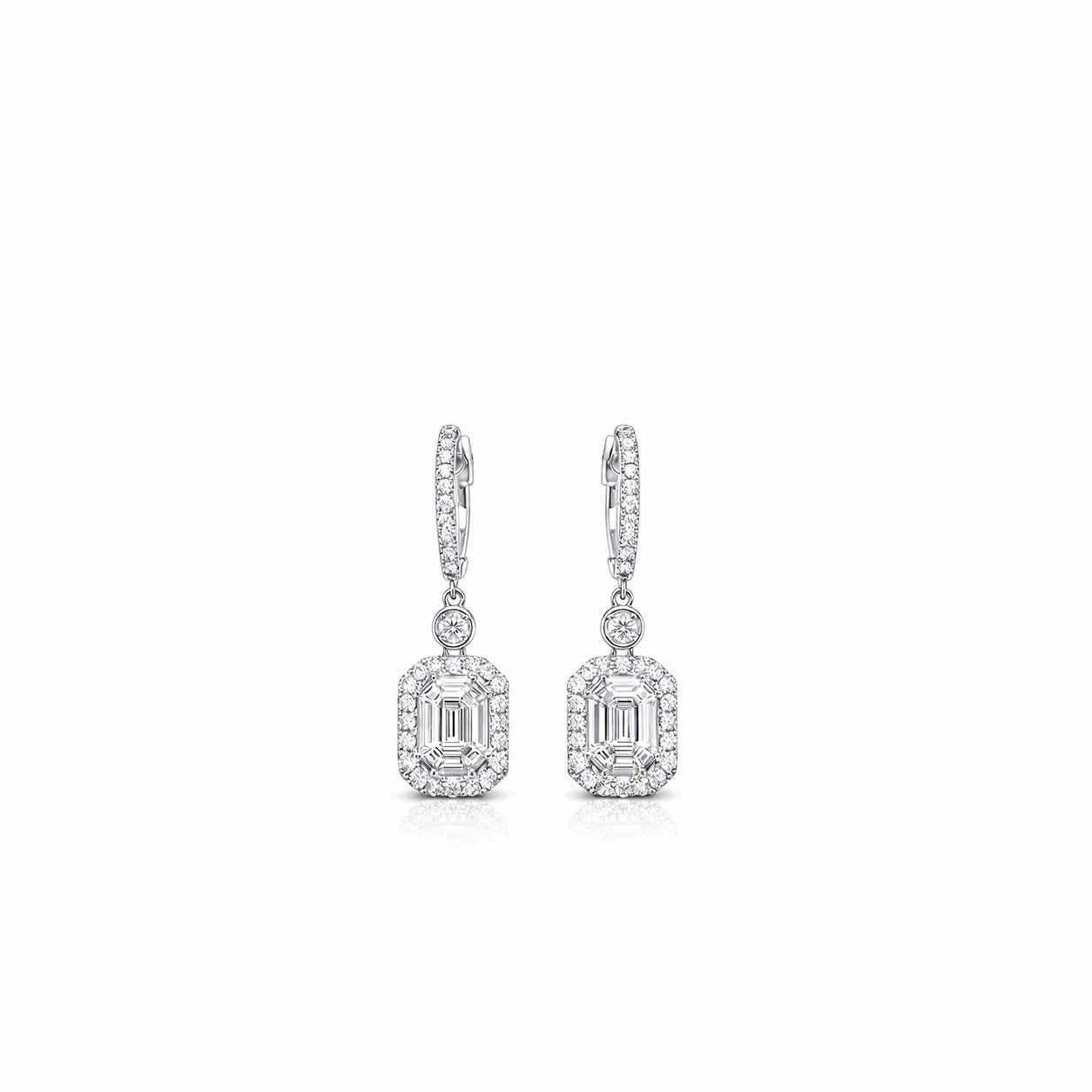 Emerald Cut Halo Diamond Diamond Drop Earrings
