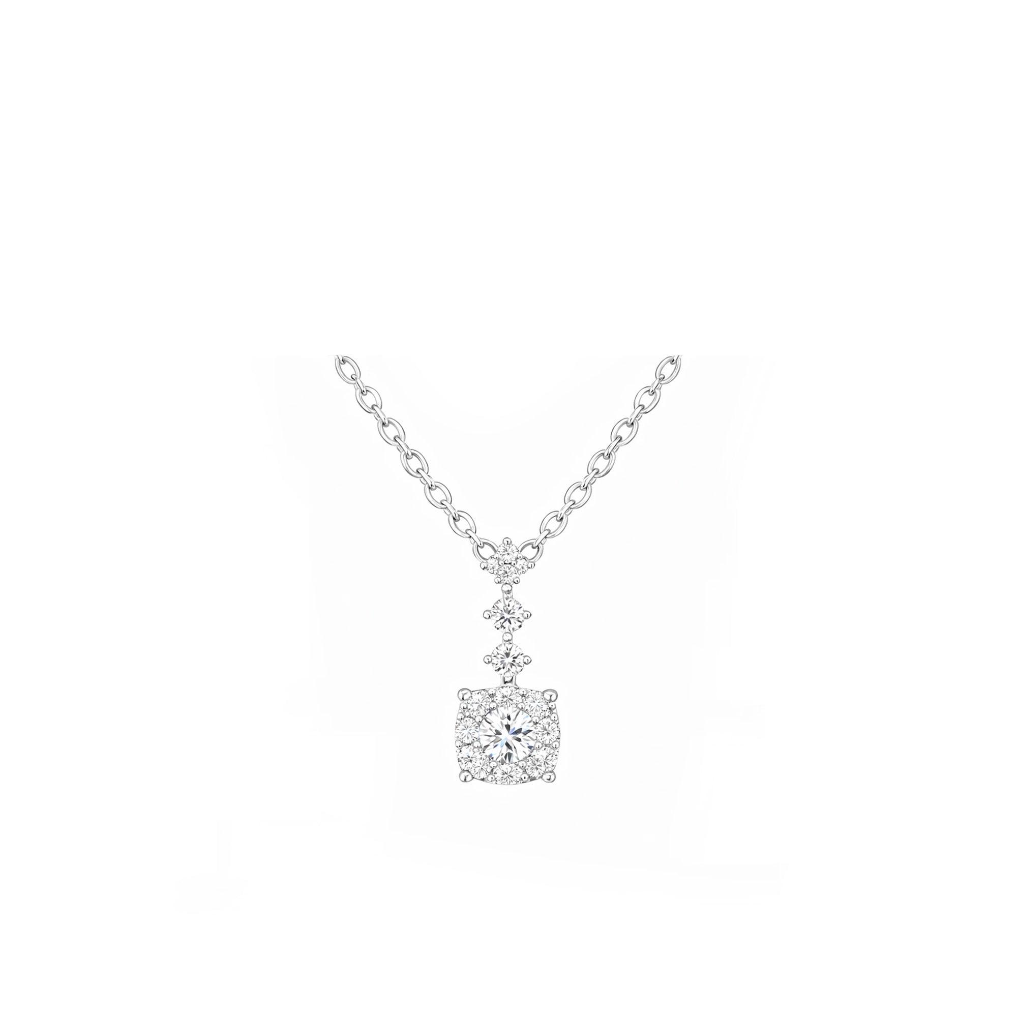 18K Round Halo pnear Drop Diamond Necklace