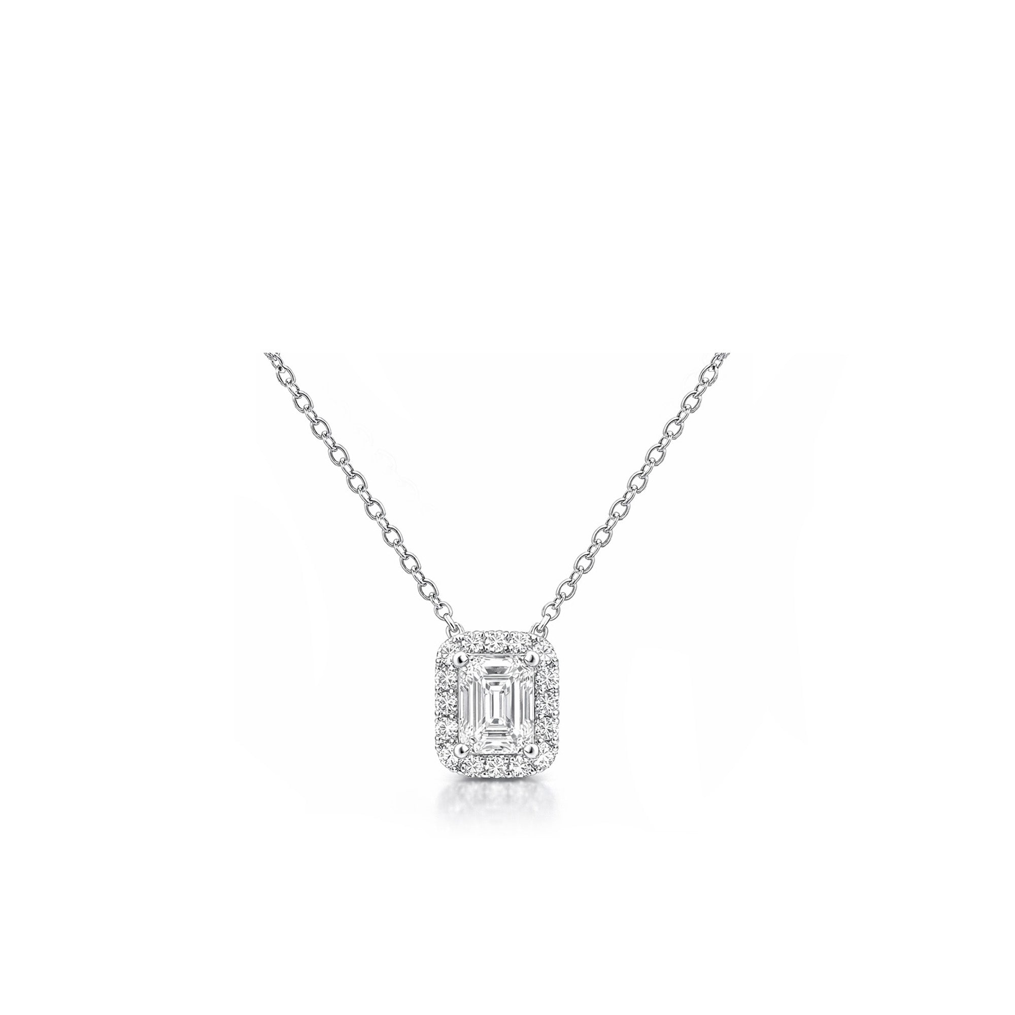 18K Classic Emerald Cut Halo Diamond Necklace