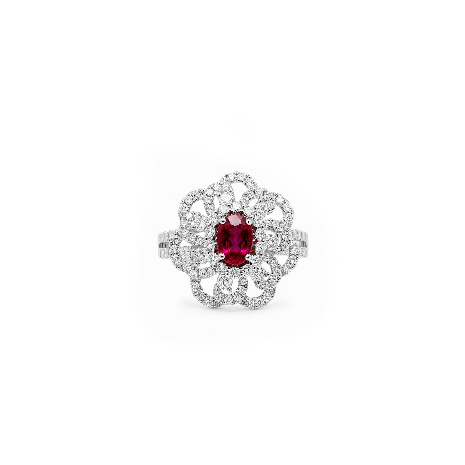 Luxury 18K White Gold Oval Red Ruby Floral Halo Ring
