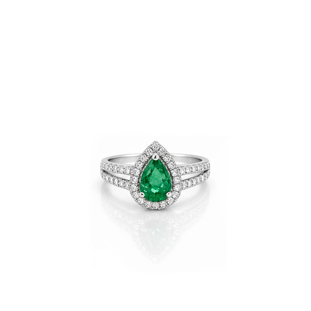 18K Pear Emerald Sppt Halo Ring
