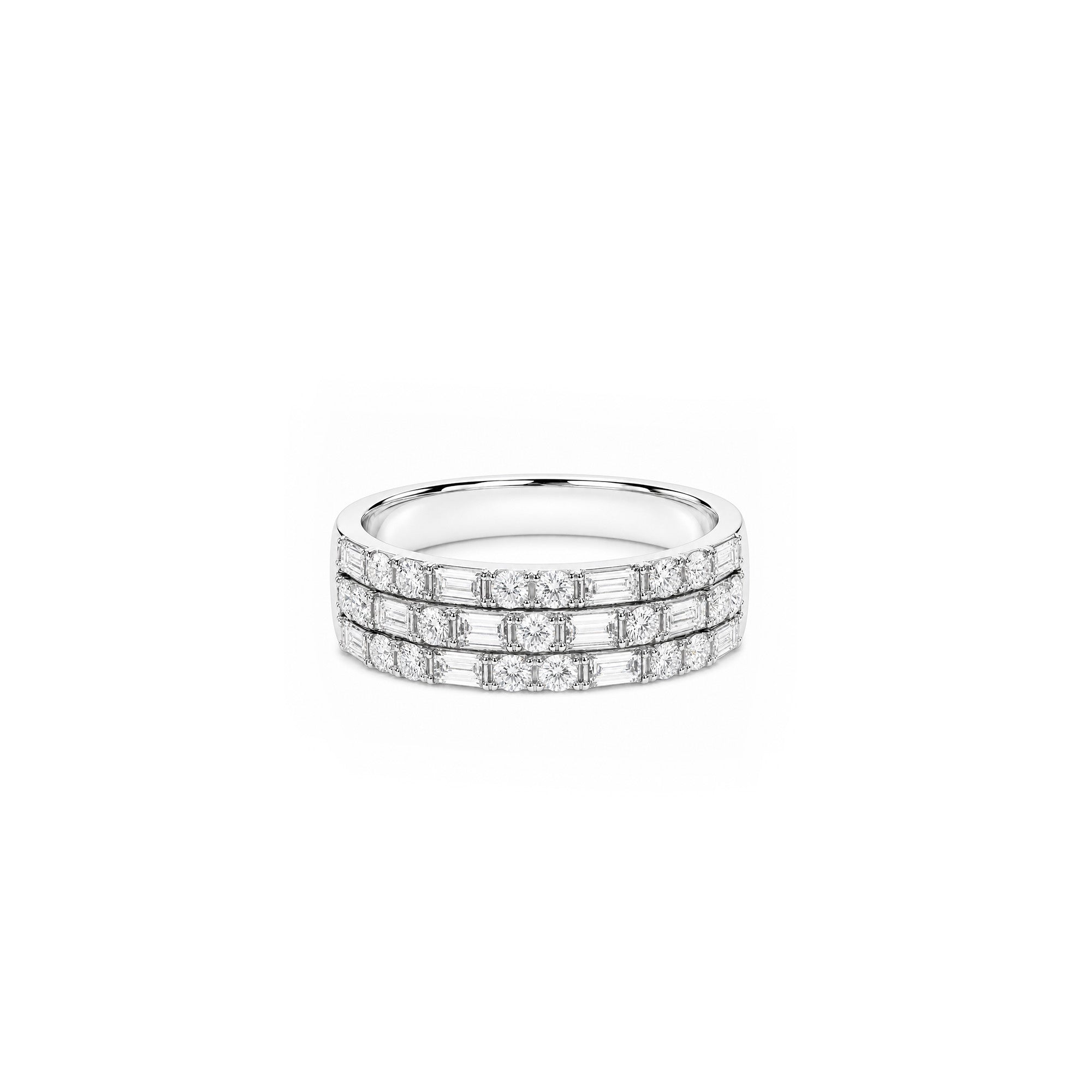 18K White Gold Triple Row Baguette and Round Diamond Eternity Band